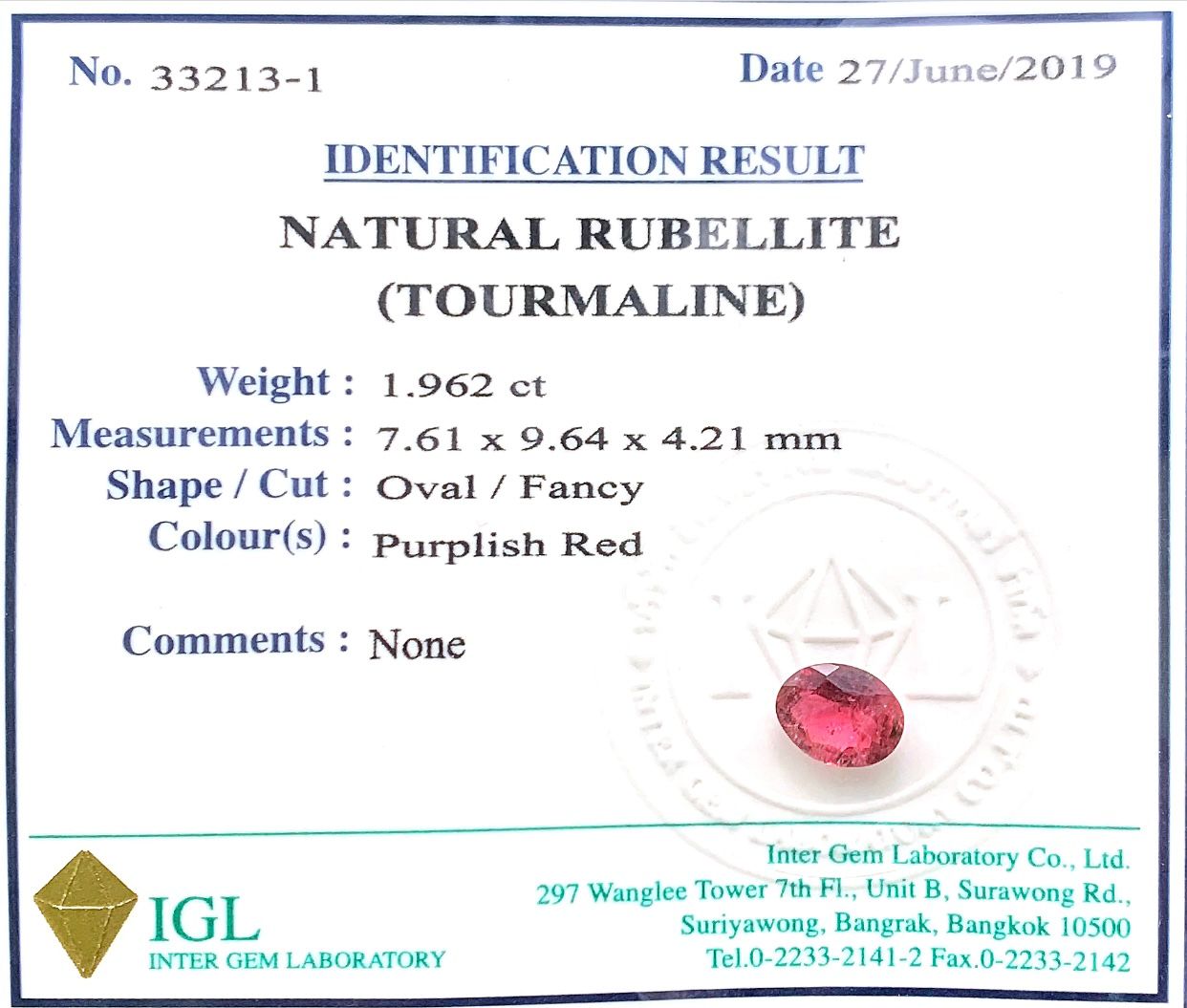Natural .Rubellite (Tourmaline) ID  : 33213-1